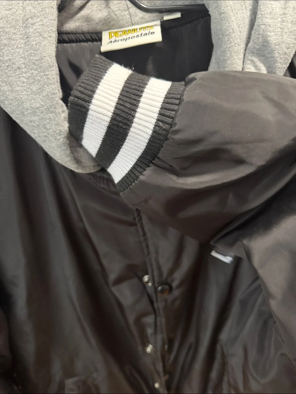 Aeropostale Black Hooded Bomber Jacket with Peanuts Snoopy Patch